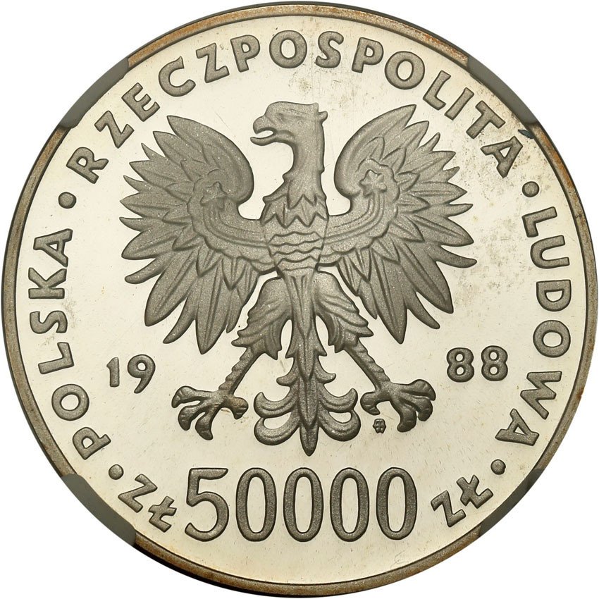 PRL. 50.000 złotych 1988 Piłsudski stempel lustrzany NGC PF67 ULTRA CAMEO